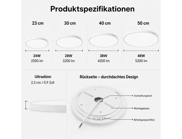 Lapamax LED Deckenleuchte Runde LED-Deckenleuchte, 3 Lichtfarben, dimmbar, 23–50 cm, 24–48 W, 3 Lichtfarben, dimmbar, LED, 3 Lichtfarben, Flache Deckenlampe für Wohnraum, Schlafzimmer, Küche und Flur, innen