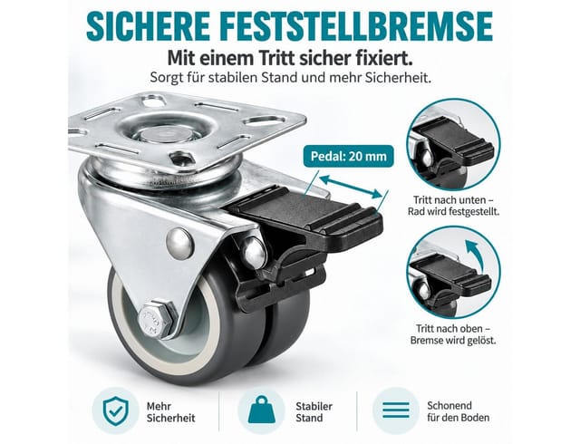 LEMLIT Schwerlastrolle 4 Stück 50 mm Doppelrollen mit Bremse, 360° Lenkrollen Möbelrollen, (4er Set, 4-St., Raddurchmesser: 50 mm / 2 Zoll), Leise laufend, 400 kg belastbar, für viele Bodenarten
