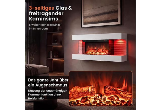 COSTWAY Elektrokamin Wandkamin mit LED-Seitenlichtern, 3D-Flammeneffekt, mit App-Steuerung, Fernbedienung & Timer