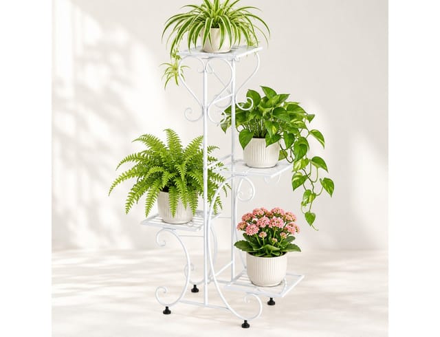 unho Blumenständer aus Metall, 4 Ebenen für Wohnzimmer und Balkon, 10 kg je Ablage, verstellbare Füße