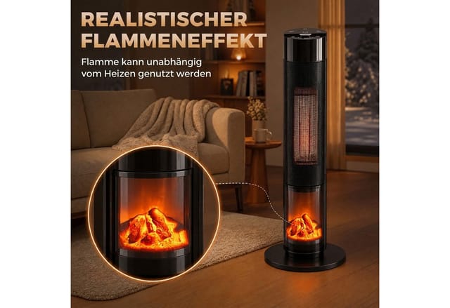 HOMCOM Heizlüfter Elektroheizung mit App-Steurung, Thermostat, 24H Timer, 2000 W, 3D-Flammeneffekt, App- und Sprachsteuerung