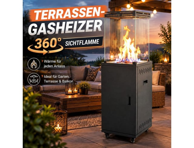 Ledklang Heizstrahler Terrassenheizer Gas 5-13 kW Terrassenofen mit Flammabschaltung Schwarz, 8000 W, Terrassenheizer für Terrasse Garten Balkon Outdoor