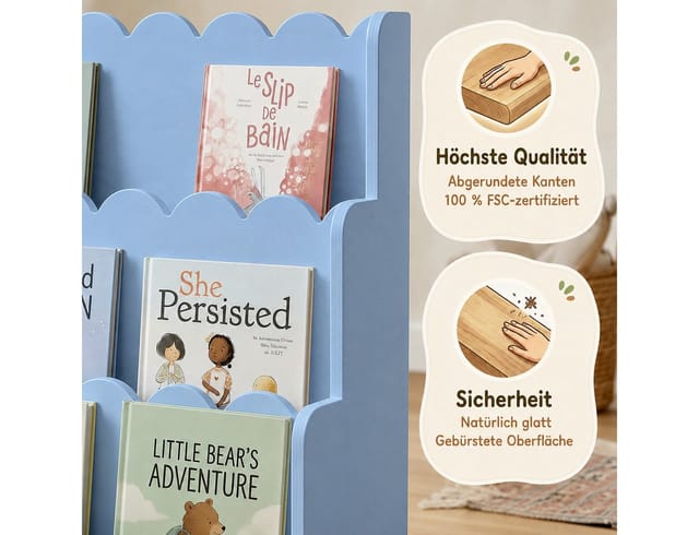 Smartwood Kinderregal Montessori, Bücherregal Kinder, FSC-Kiefernholz, Blau, LULU
