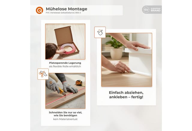 Quest Zierleiste Viertelstab selbstklebend 10 mm, flexibel, 3-m-Rolle, Selbstklebend, Kunststoff (PVC), 1-St., selbstklebend, flexibel, 10 mm, 3-m-Rolle