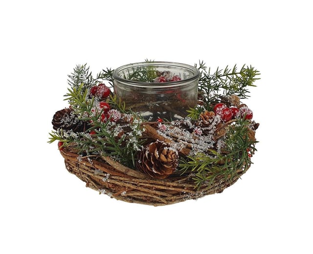 sesua Tischkranz Weihnachtskranz Glas Windlicht 22cm rote Beeren Weihnachten