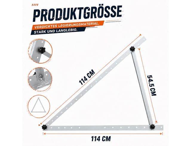 GLIESE Solarmodul-Halterung PV Halterung 114cm – 4-teilig, 0-90° verstellbar, für 2 Module & Dach, (4-tlg., 114cm, inkl. Schrauben & Anleitung, für Flachdach, Wand & Balkon)
