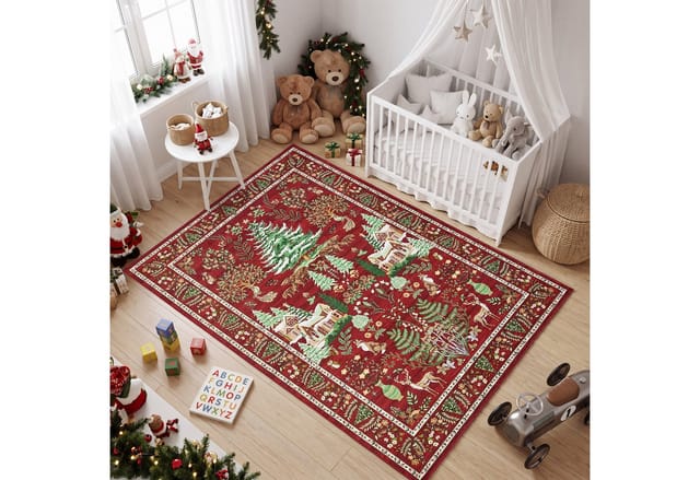 GarveeMore Teppich Roter Festlicher Weihnachtsteppich im Boho-Stil mit Winterwald-Motiv, Höhe: 5 mm