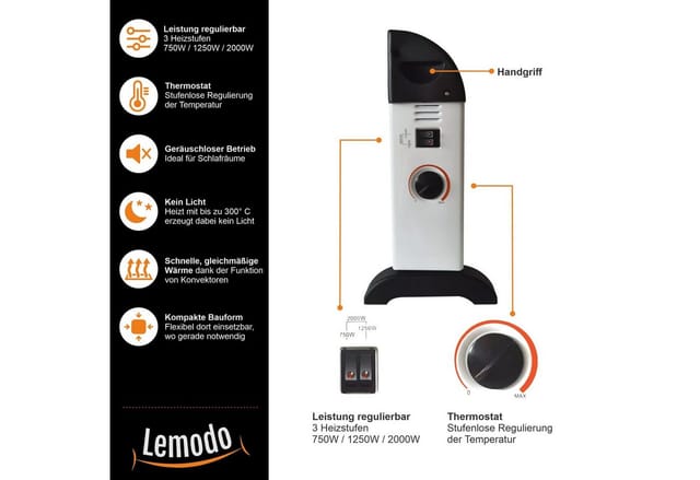 Lemodo Konvektor Elektroheizung 2000 Watt, 2000 W