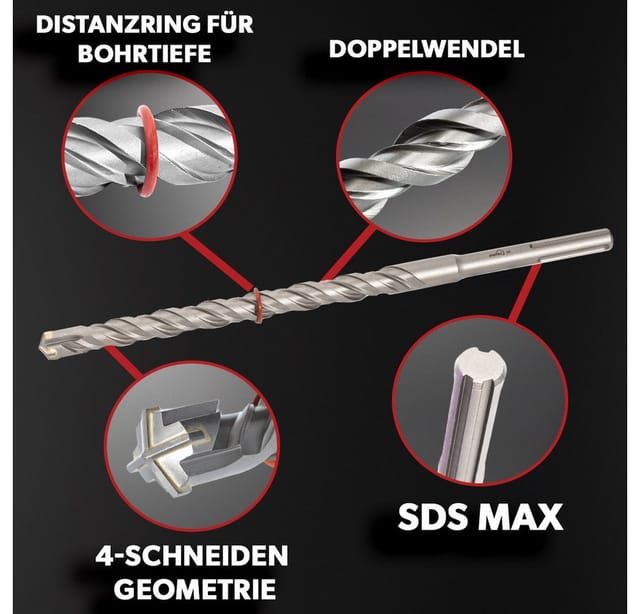 siwitec Betonbohrer SDS Max Bohrer 25 x 1000mm, SDS Bohrer für Stahlbeton, Stein & Beton