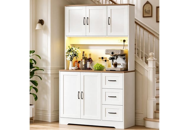 BEWISHOME Küchenbuffet hoher Küchenschrank mit Arbeitsplatte und Ladestation, Weiß (1-St)