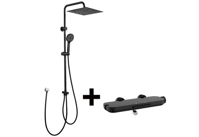 HOMELODY Duschsystem mit Badewannenarmatur Glasablage Regendusche Schwarz, 30 cm SUS304 Kopfbrause, 5 Strahlarten, Glasablage mit Auslauf