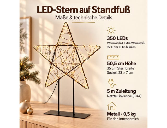 HAGO LED Stern LED-Weihnachtsfigur LED-Leuchtstern Innenbereich Standfuß Warmweiß, 15 % Flashing / Blinkfunktion, 350 Micro-LEDs, Warmweiß & Extra Warmweiß, 350 Micro-LEDs, Warmweiß + Extra Warmweiß, 15% Blinkfunktion, Standfuß