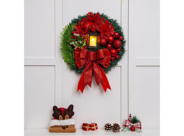 Bomiclss Dekokranz LED Künstlicher Weihnachtskranz für Tür, 40cm Türkranz Weihnachten, Adventskranz mit Kerzenlaterne