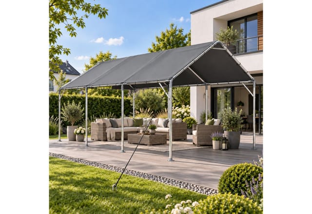 Rolipo Einzelcarport Carport für Auto & Boot – Schwerlast-Garage mit verzinktem Stahlrahmen, BxT: 396x610 cm, 196 cm Einfahrtshöhe, 396×610×308cm wasserdichte & UV-beständige PE-Plane