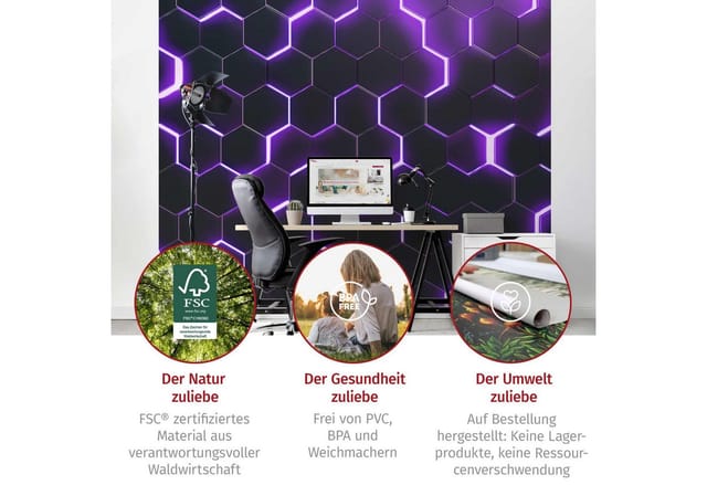 Bilderdepot24 Mustertapete Hexagone Neonlicht Lila 3D-Optik Muster Neon Art Gaming schwarz modern, Glatt, Matt, (Vliestapete inkl. Kleister oder selbstklebend), Jugendzimmer Gaming Zimmer Tapete Wohnzimmer Vliestapete Wandtapete