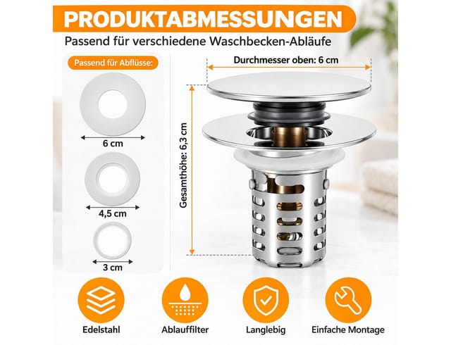 LEMLIT Ablaufventil Waschbecken Abflussstopfen Push-Open, Ø 60 mm, mit Haarsieb, Edelstahl, 1er Set, 1-tlg., 1tlg, Herausnehmbarer Filterkorb, Push-Open-Funktion, leicht zu reinigen