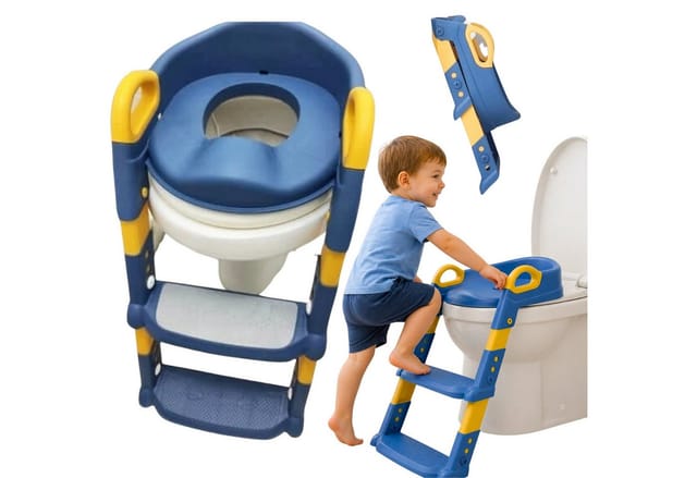Hard-er Baby-Toilettensitz Blau mit Leiter, verstellbaren Stufen und Rückenstütze 1–5 Jahre, rutschhemmende Stufen für besseren Halt beim Aufsteigen