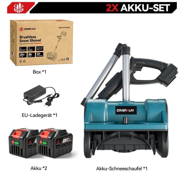 ONEVAN Akku-Schneefräse 21V Akku-Schneeschaufel, bürstenloser Motor, 500W, 6m Wurfweite, 31 cm Arbeitsbreite, (2 x 21V Lithium-Ionen-Akkus und 1x EU-Ladegerät), Kabellose Elektro-Schneeschaufel, faltbar und verstellbar