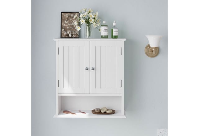 BBWL Hängeschrank Badezimmerschrank Wandmontage mit 2 Türen, offenen Regalen 5-fach verstellbaren Einlegeböden, MDF, 54,6 x 19,8 x 59,9 cm