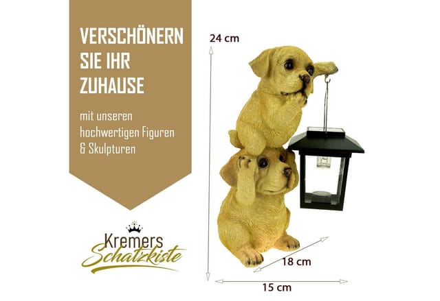 Kremers Schatzkiste Gartenfigur Hundepärchen Turm mit Solarlaterne Figur 24 cm Tierfigur Hund Labrador