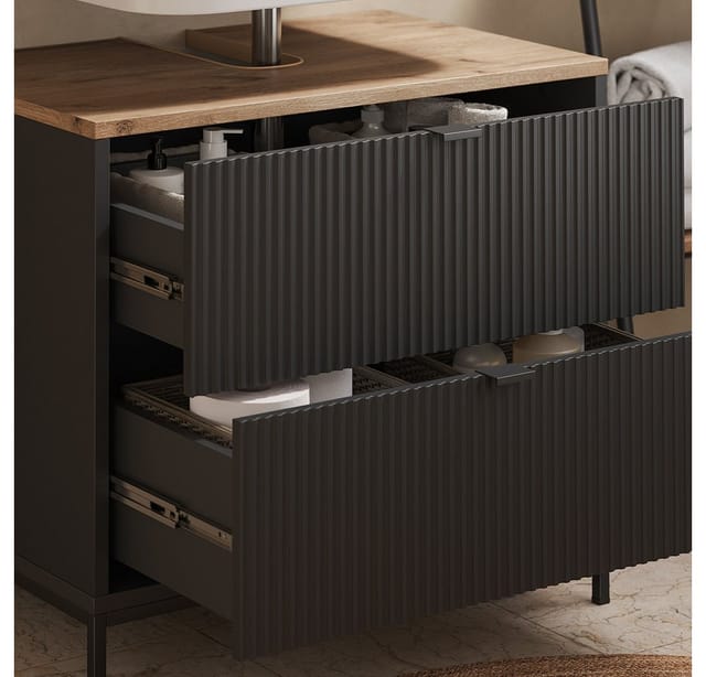 Vicco Waschbeckenunterschrank Eliza, Schwarz/Viking Oak, 70 x 63 cm mit 2 Schubladen (1-St)