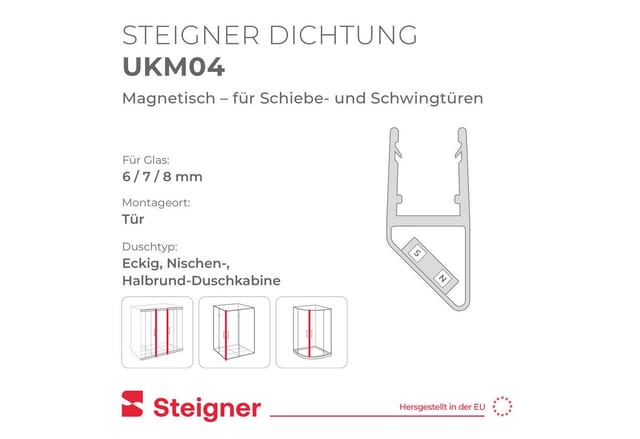 STEIGNER Duschdichtung Magnetduschdichtung UKM04 201 cm (1 Stk) Transparent 6-8 mm, L: 201 cm, (1 Stück Packung, 1-St., Einzeldichtung), Duschdichtung für Eck, Fünfeck, oder Viertelkreisdusche mit Duschtür