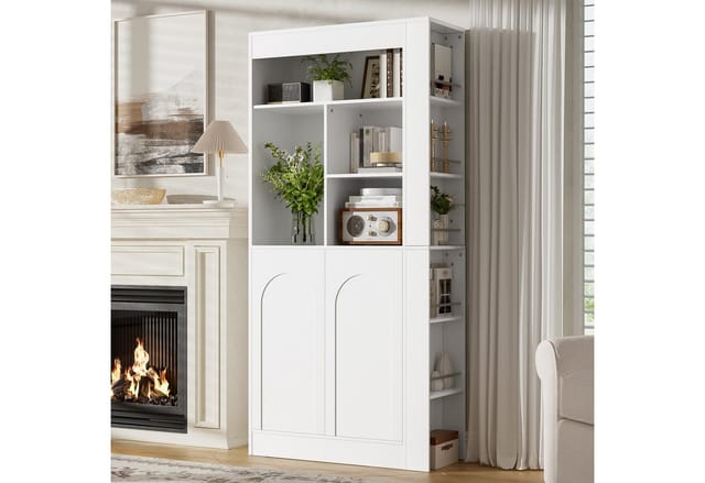 Flieks Bücherregal Hochschrank mit 2 Türen, offenem Regal und seitlichen Ablagefächern, 85×35×180 cm 1-tlg., multifunktionaler Mehrzweckschrank Aufbewahrungsschrank Weiß