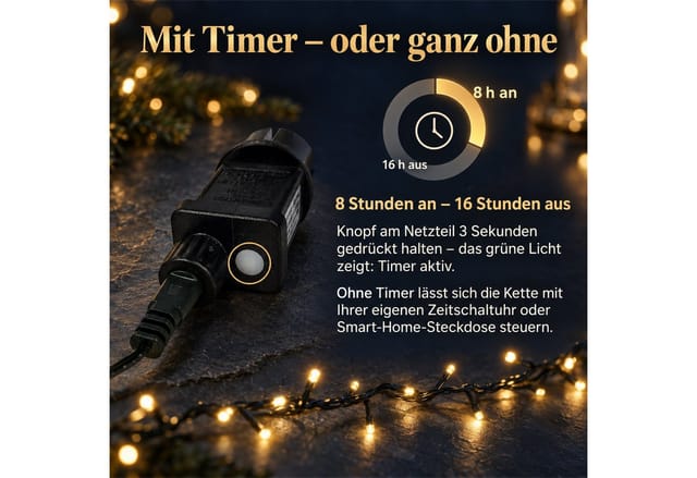 INtrenDU LED-Lichterkette 1200 LEDs warmweiß, 24 m + 3 m Zuleitung, Timer, 8 Lichtprogramme, Memory-Funktion, IP44