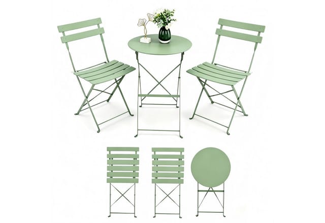 VINGLI Balkonset Bistroset 3-teilig aus Stahl – Bistrotisch mit 2 Klappstühlen, Platzsparendes Gartenmöbel Set, Wetterbeständig, Grün