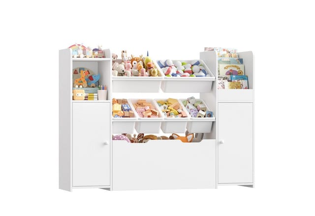 Homfa Kinderregal Regal für Kinderzimmer mit Spielzeugkisten auf Rollen & Boxen, Bücherregal Spiegelregal 138x94x30 cm