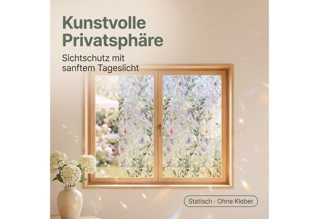 HomeBella Fensterfolie Blumen Buntglasoptik Dekorative Glasdekorfolie mit Blättermuster, Milchglasstruktur für Fenster & Glastüren