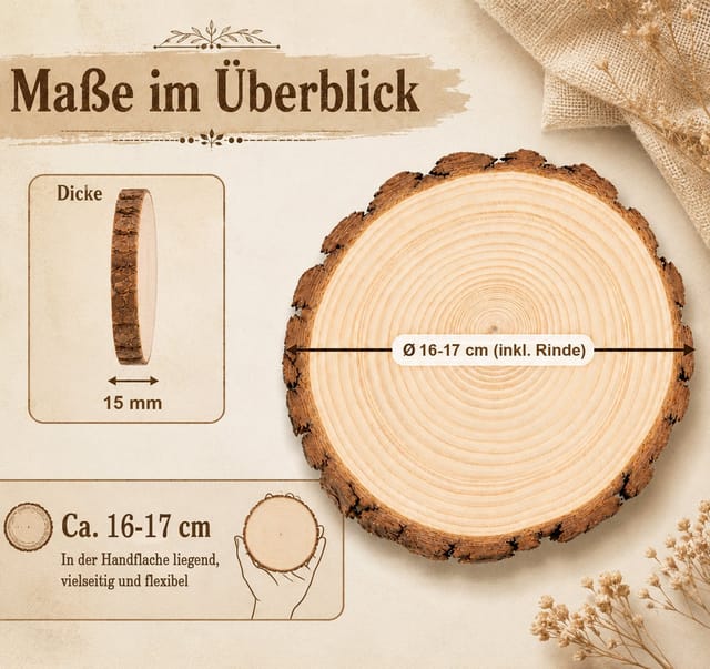 lindahandel Rindenscheiben Holzscheiben 16–17 cm, Dicke 15 mm, Kiefer Baumscheiben ungebohrt, (32-tlg), ideal für individuelle DIY Dekorationen,Untersetzer,und Bastelprojekte