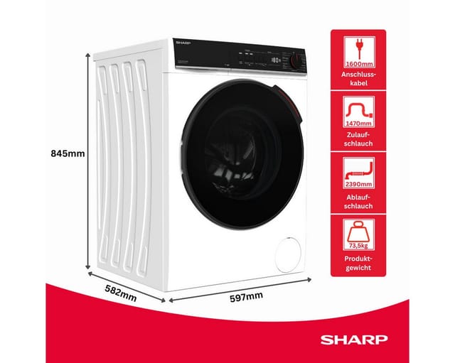 Sharp Waschmaschine ES-WNFB014CWDA-DE, 10 kg, 1400 U/min, 20 % unter dem Grenzwert der Energieeffizienzklasse A