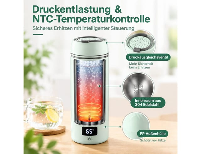 ibettertec Wasserkocher Tragbarer Wasserkocher 400ml mit Temperaturanzeige, Mini Heizbecher, 300 W, Reisewasserkocher Edelstahl 304, 4 Temperaturstufen, 12H Warmhalten