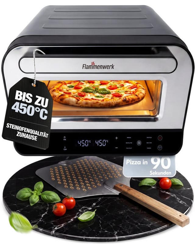 Flammenwerk Pizzaofen elektrisch 450 °C mit Sichtfenster & Pizzaschaufel, Automatisches Kochmenü