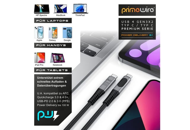 Primewire USB4 Typ-C Ladekabel mit Display, 40 Gbit/s, 8K 60Hz USB-Kabel, USB-C, USB-C (50 cm), Gen 3x2-100 Watt Ladekabel / Datenkabel 40 Gbit/s mit Display, 0,5m