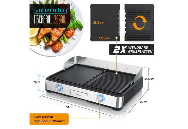 Arendo Tischgrill Gourmet Edelstahl Elektrogrill, Spritzschutz, 2 Grillzonen, elektrisch, 2800 W, Antihaftbeschichtung, Temperaturregelung, für Balkon, Garten & Indoor