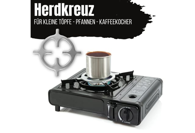 TruWare Gaskocher Campingkocher Edelstahl für Kartuschen –, (1-flammiger Kartuschenkocher für Camping, Outdoor, Blackout, 2,3 kW Gaskocher mit Piezozündung, Windschutz, Herdkreuz)