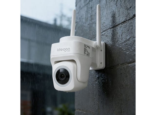shop'n smile ideoon Überwachungskamera 2K WLAN Outdoor Überwachungskamera IP65 355° Schwenkung Nachtsicht App (1-tlg., Mikrofon & Lautsprecher (Intercom-Funktion) · Alarmsirene bis 85 dB)