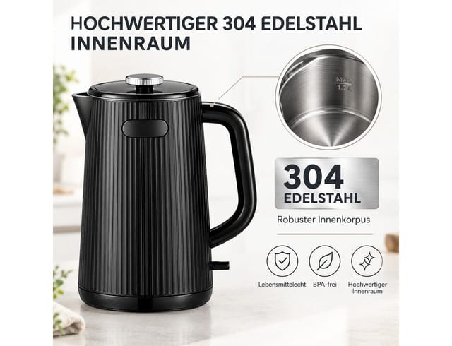 Fyrove Wasserkocher Wasserkocher 1,7 L 2200 W, 360° Basis, Doppelwand Edelstahl, BPA-frei, 2200 W, Automatische Abschaltung, Trockengehschutz, Überhitzungsschutz