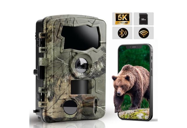 HS Onsing Wildkamera 5K Video 64MP Foto WLAN mit Handyübertragung APP 0,1s Auslösezeit (Außenbereich, Infrarot Wildkamera mit 32G Speicherkarte Bewegungssensor IP66)