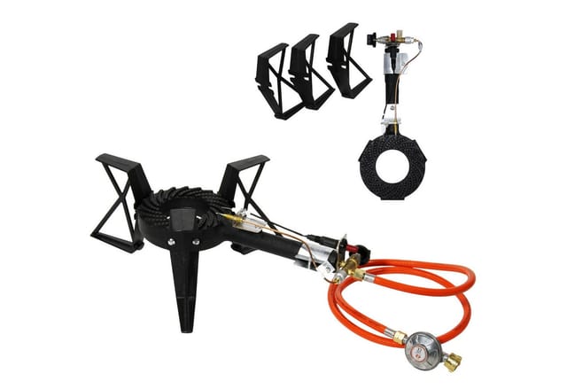 HELO24 Gaskocher Hockerkocher Gasbrenner Camping Wok 6,5kW 3-Fuß H2 + Schlauch + Regler