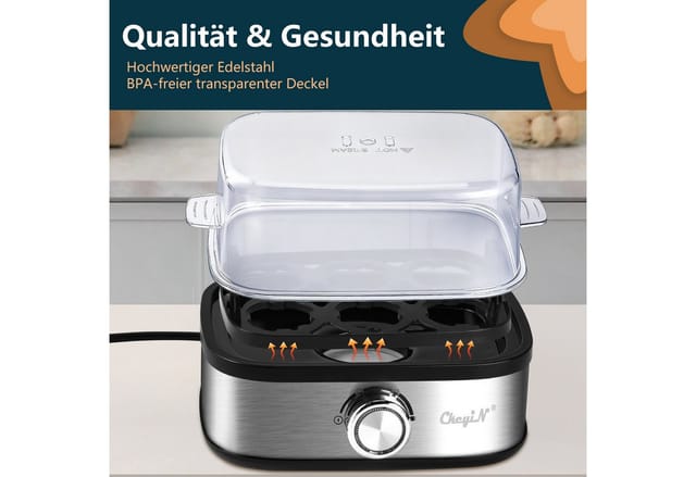 CkeyiN Eierkocher für 6 Eier mit Härtegradeinstellung, Timer, Überhitzungsschutz, Anzahl Eier: 6 St., 400 W, mit Messbecher und Eierspieß, für Frühstückseier von weich bis hart