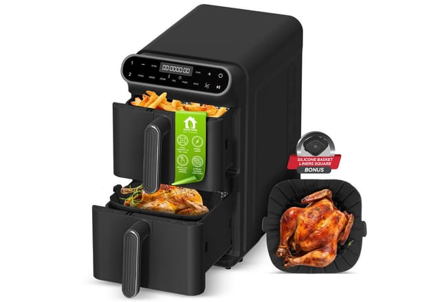 TurboTronic by Z-Line Heißluftfritteuse XXL 11L Doppelkammer AirFryer 2 x 5,5L DualZone 2 Ebenen XtraSlim, 2460 W, 2 Ebenen, Touch Farbdisplay, 12 Programme und Rapid Air 360 Grad