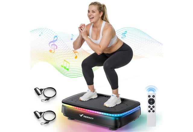 MERACH Vibrationsplatte Vibrationsplatte - 99 Stufen, 7 Programme, Bluetooth & Fernbedienung, 150 W, (LED-Display, Widerstandsbänder, Anti-Rutsch-Oberfläche, 150W Motor), Ganzkörper-Vibration mit individuell einstellbarer Stärke