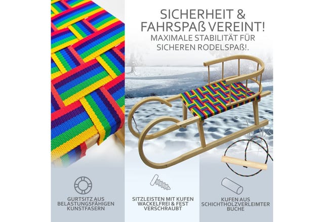 BambiniWelt by Rafael K. Schlitten CE-Hörnerrodel Holzschlitten Hornschlitten mit Rückenlehne + Seil bunt