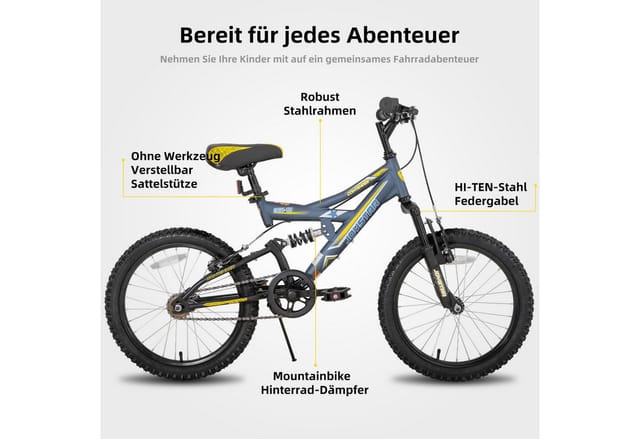 JOYSTAR Kinderfahrrad Kinder MTB 20 Zoll Doppelfederung Jungen Mädchen 5–10 Jahre, 1 Gang, Step-Through Rahmen mit Gepäckträger, 7 Gang