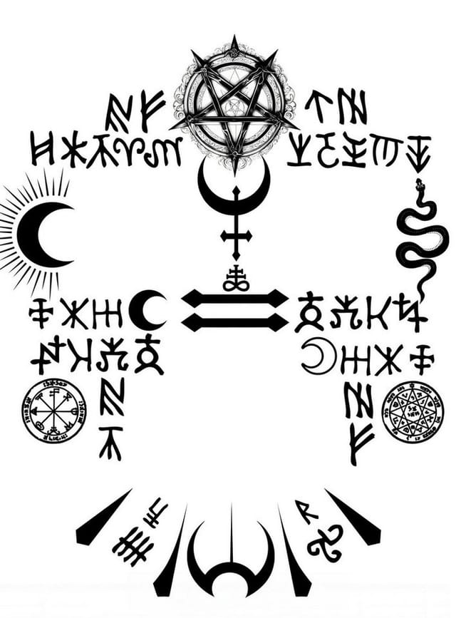 Metamorph Theaterschminke Teufelsanbeterin Klebetattoo, Jede Menge Symbole für satanistische Rituale