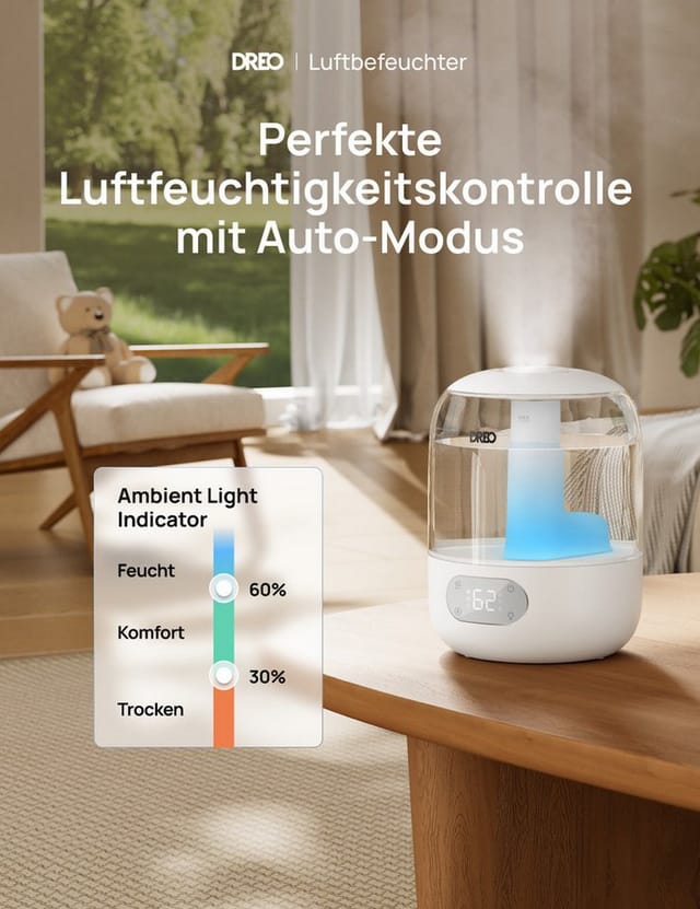 Dreo Luftbefeuchter 3L Top-Fill, 30h Laufzeit, leise, mit Sensor und Nachtlicht, 30-hour timer,Adjustable Humidity Control, Adjustable moisture control
