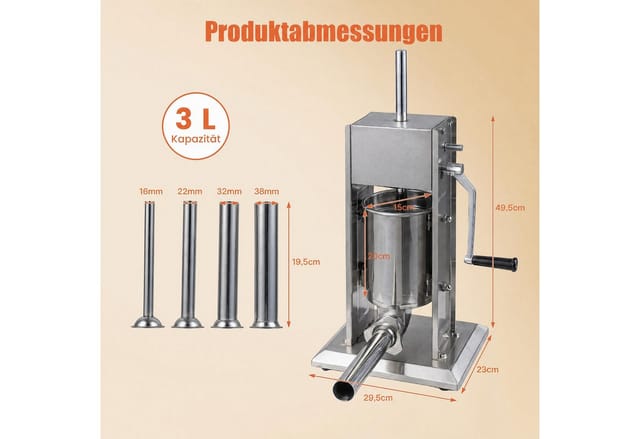 COSTWAY Wurstfüllaufsatz Manueller Wurstfüller 3L, vertikale Wurstfüllmaschine
